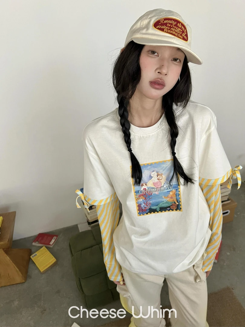 CheeseWhim 人鱼猫假两件T恤 CW-TT-25-002-W-WH