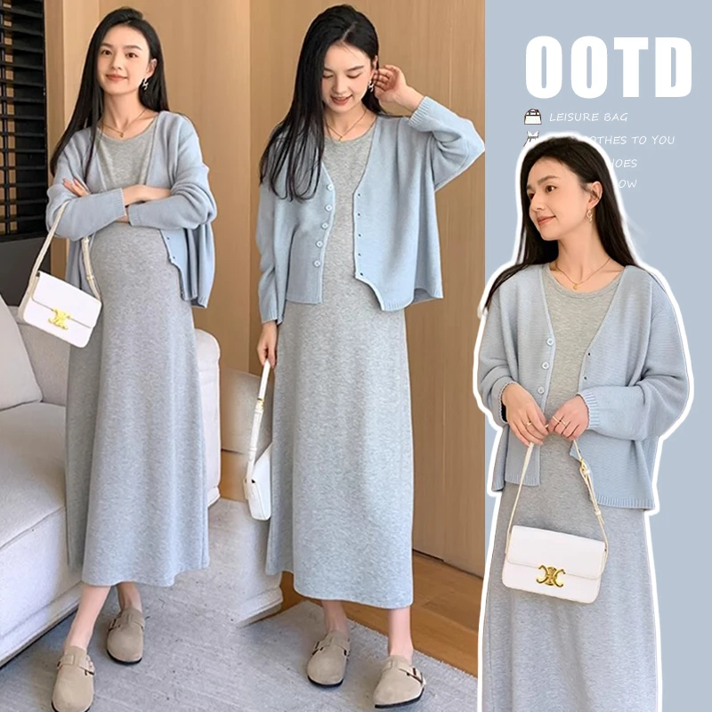 2025孕妇慵懒风套装春秋时尚洋气背心裙女春秋针织开衫上衣两件套