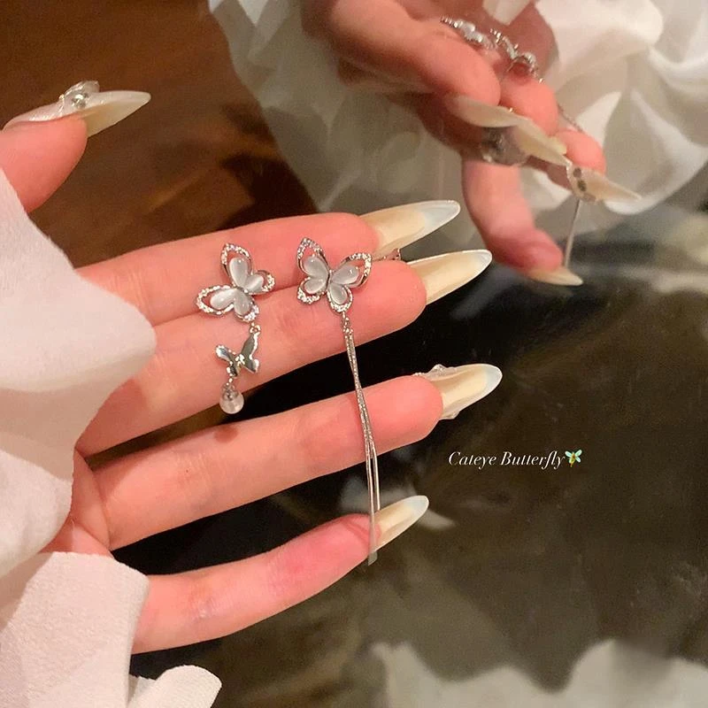 SAPTEFAMOU 925银耳饰 不对称蝴蝶珍珠耳环女轻奢小众高级感百搭