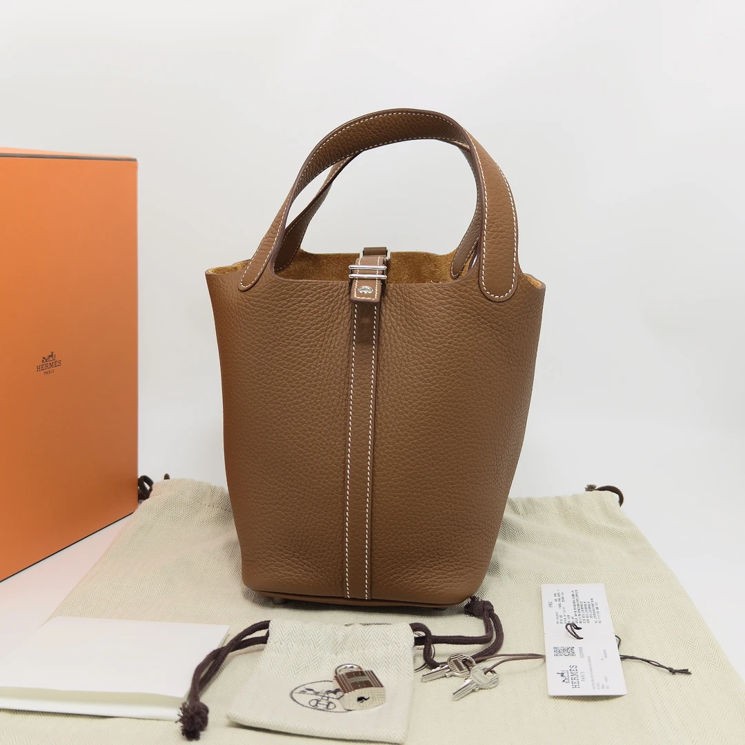99新 Hermes/爱马仕 金棕银扣菜篮子18手提袋 03765