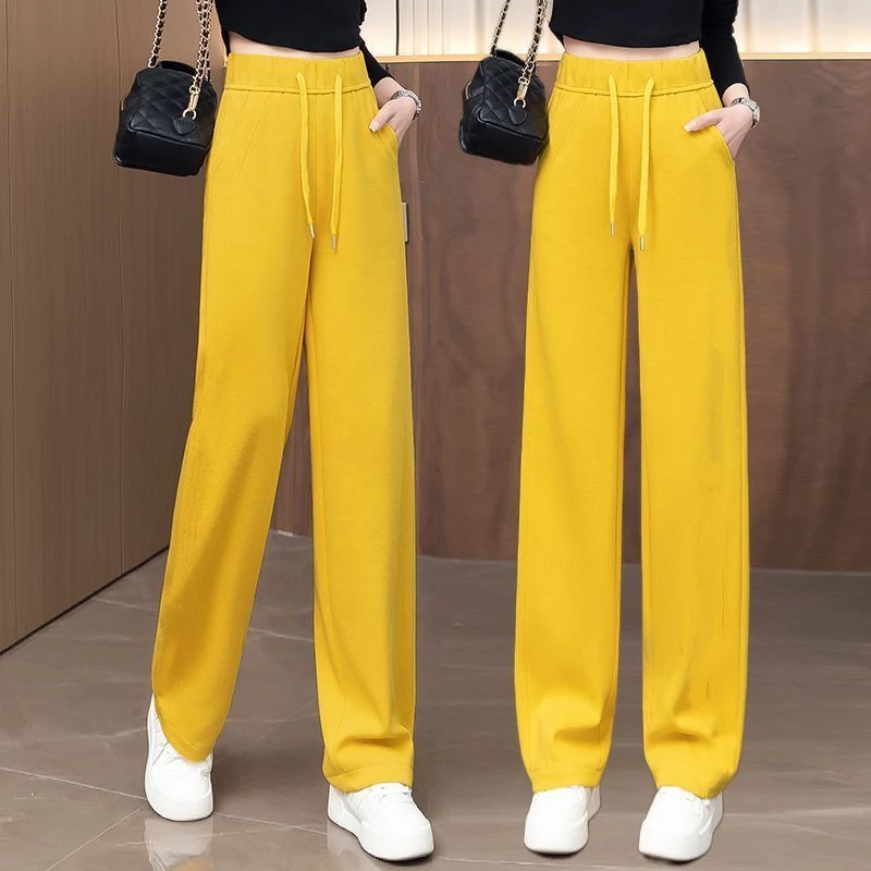 爆款黄色阔腿裤女春夏2025新品松紧腰百搭垂感休闲运动直筒香蕉裤