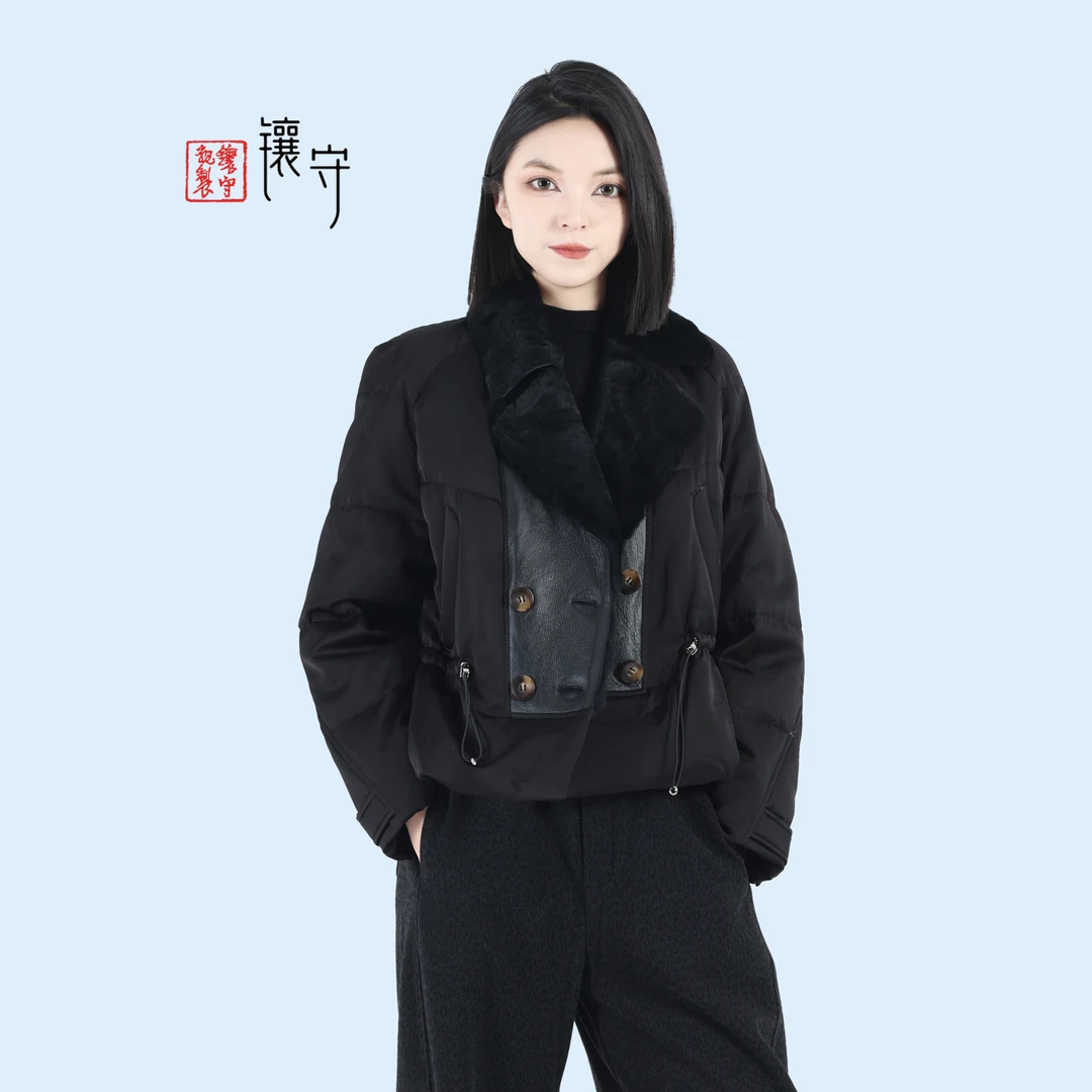 【镶守·芙汐 】冬日时髦好物高级气质皮毛一体短款白鹅绒服外套9081