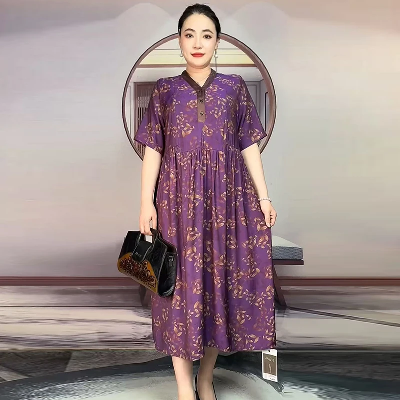 2625夏季新款V领碎花短袖大码减龄长裙子中年妈妈花色连衣裙