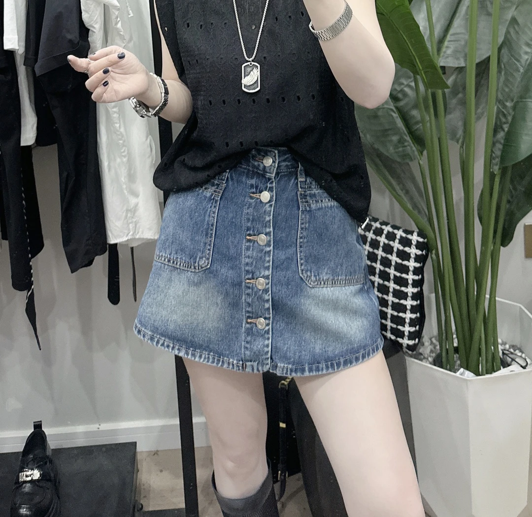 「单排扣A字型裙裤」欧货洋气高腰显瘦单排扣A型牛仔裙裤