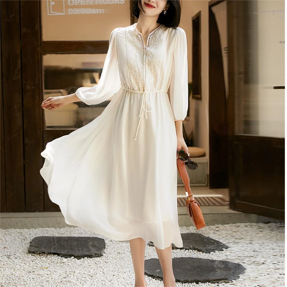 日韩现货维多利亚仙女裙定位刺绣 轻薄飘逸乔其仿桑蚕丝连衣裙