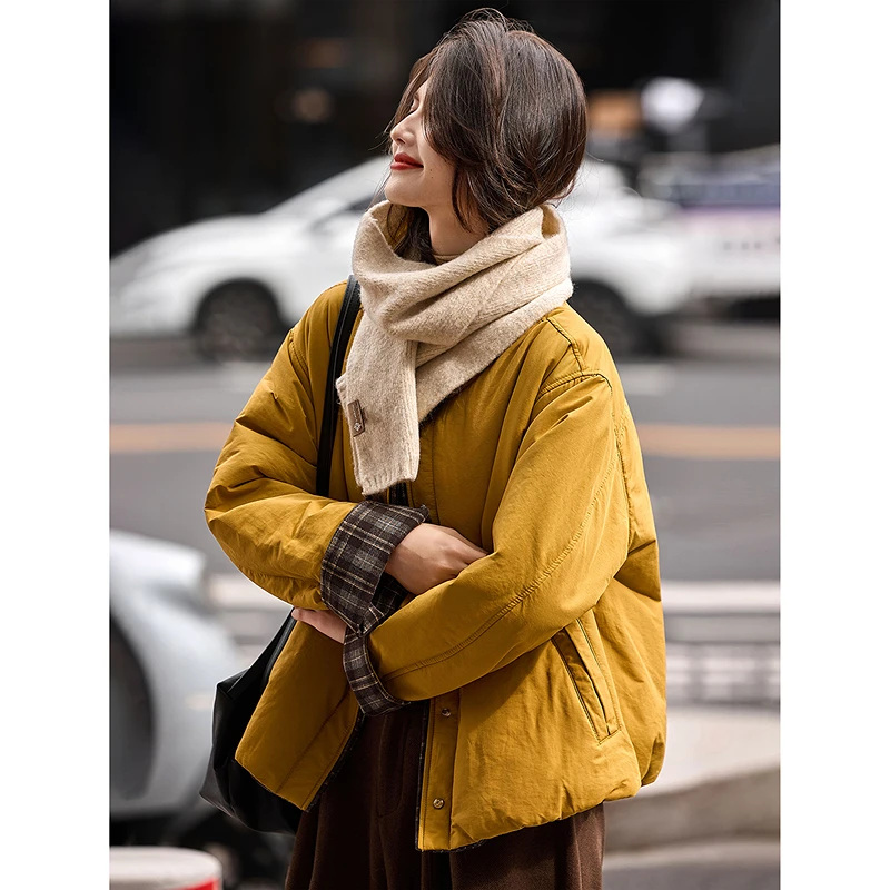 格纹拼接圆领棉服2025年冬季新款厚外套女装SXMF25046