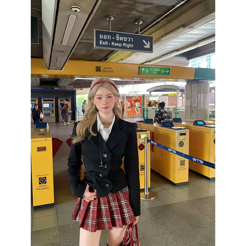 【牛津午后】2025夏季新款学院风翻领短外套女配高腰显瘦百褶短裙