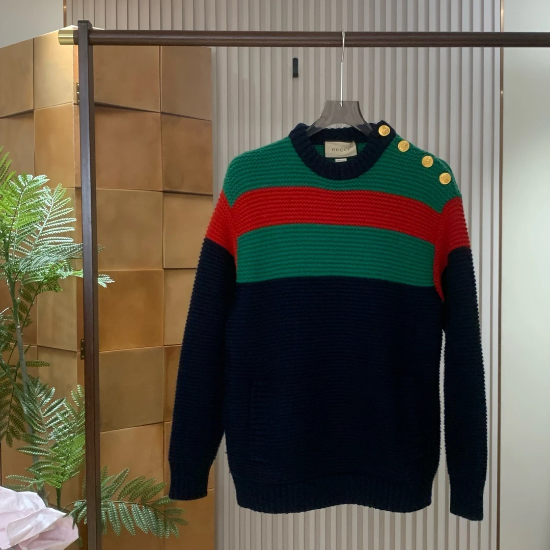 99新 GUCCI/古驰 2新款红绿条纹金扣羊毛针织毛衣/os xs码/18217