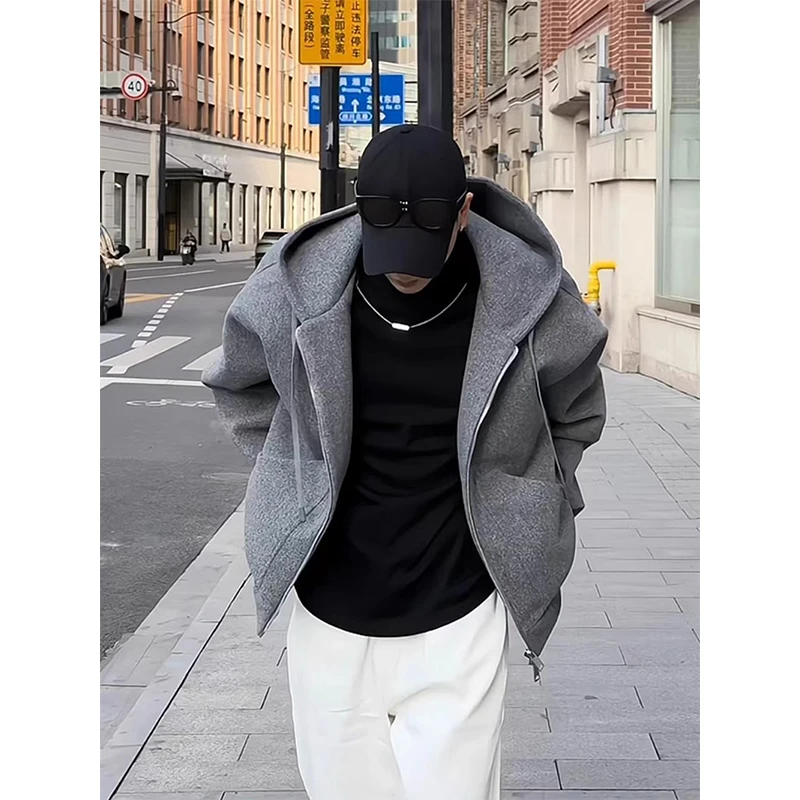 美式复古连帽毛呢外套男春秋款500g重磅硬挺开衫卫衣宽松情侣外套