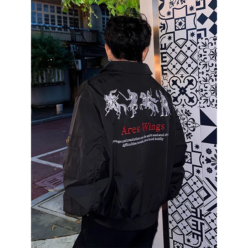 黑色美式短款外套男款春秋季高街vibe战马刺绣棒球服潮牌飞行夹克
