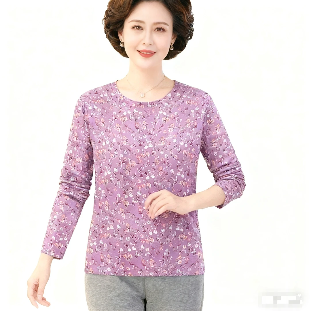 中老年妈妈保暖上衣加绒加厚中高领宽松大码德绒秋衣内搭春秋外穿