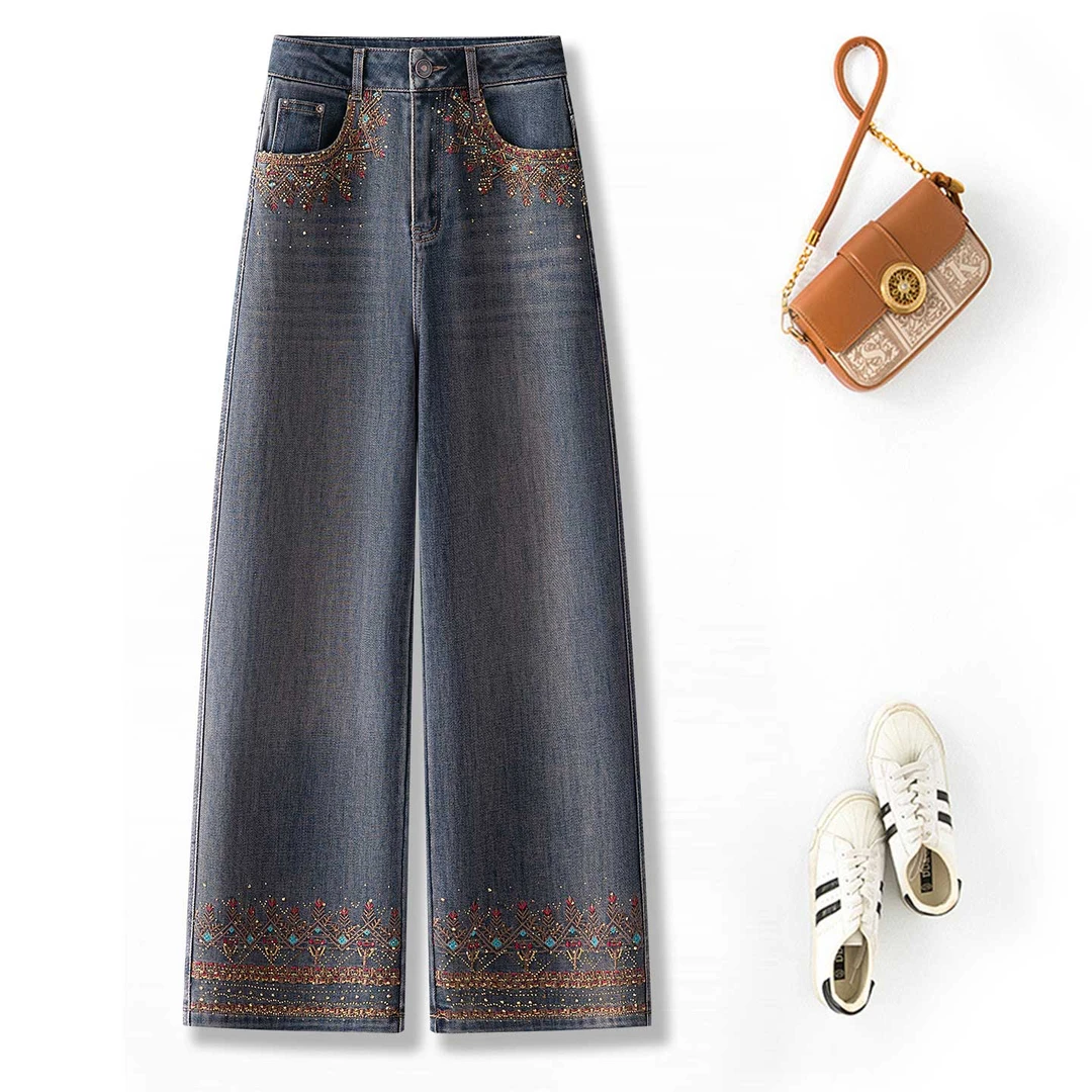 轻奢刺绣烫钻阔腿牛仔裤女2025秋季新款设计感异域风高腰直筒裤
