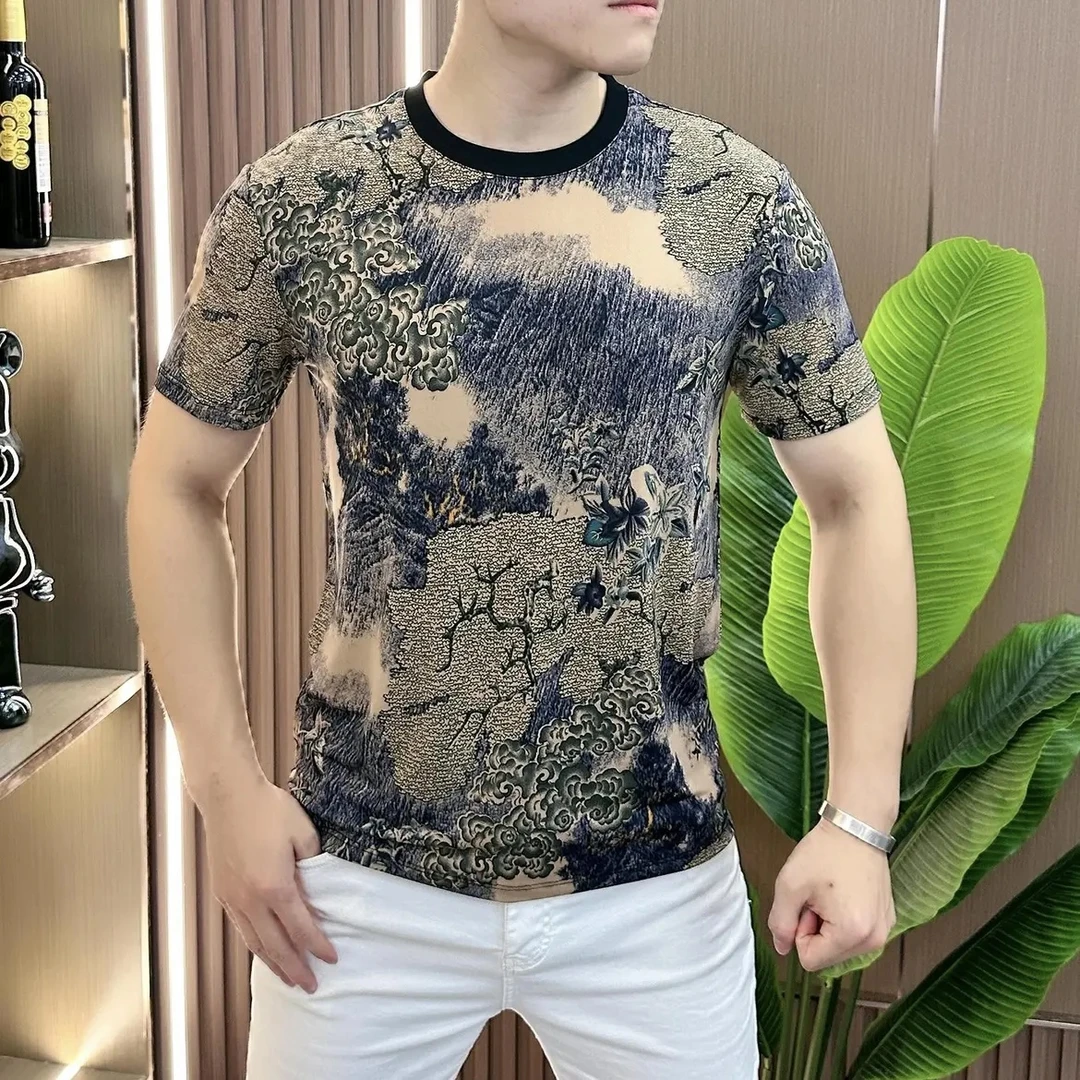 男士轻奢3D印花时尚薄款凉感休闲百搭弹力新款短袖