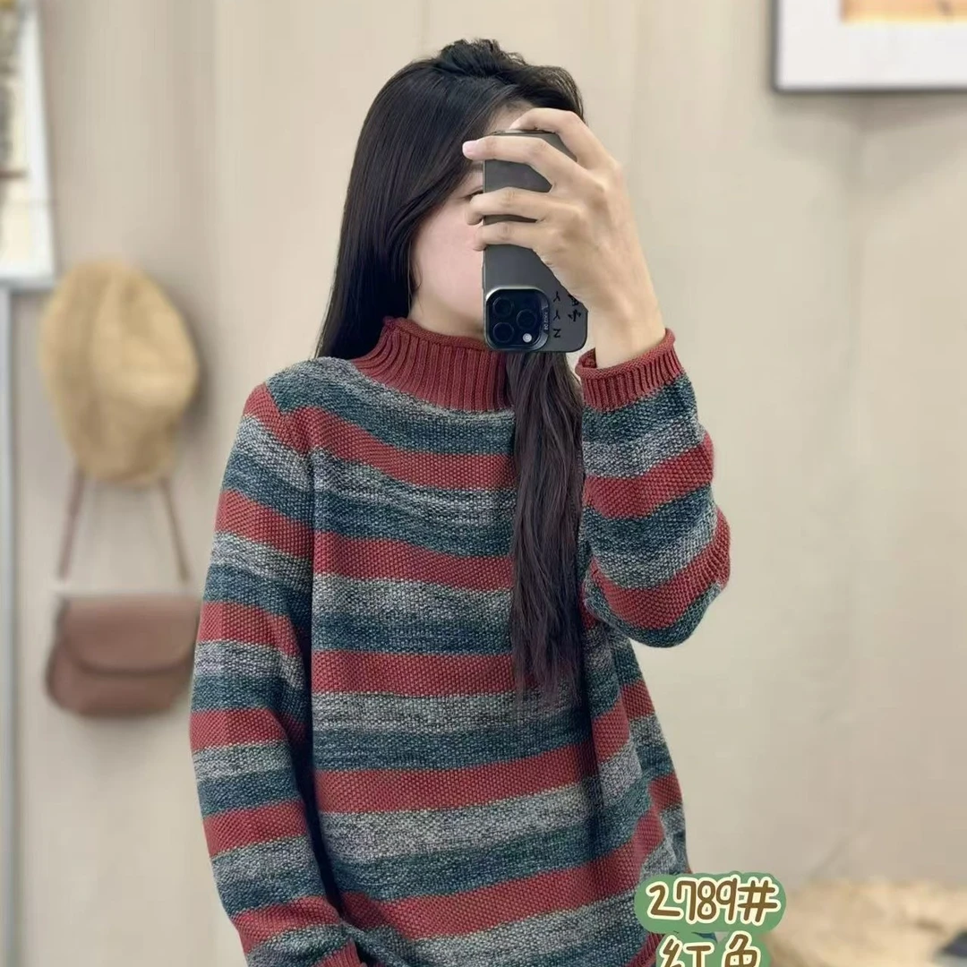 宽松条纹针织上衣毛衣抗污耐脏格子长袖休闲女纯色短款