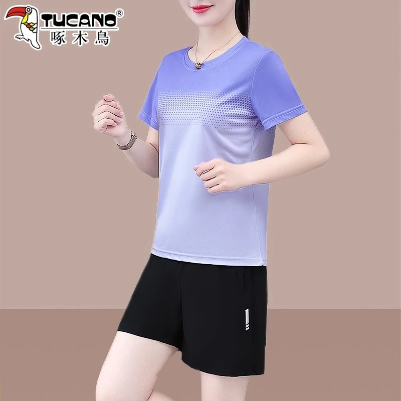 啄木鸟夏季速干五分裤套装女2025新款爆款妈妈时尚短袖短裤运动服