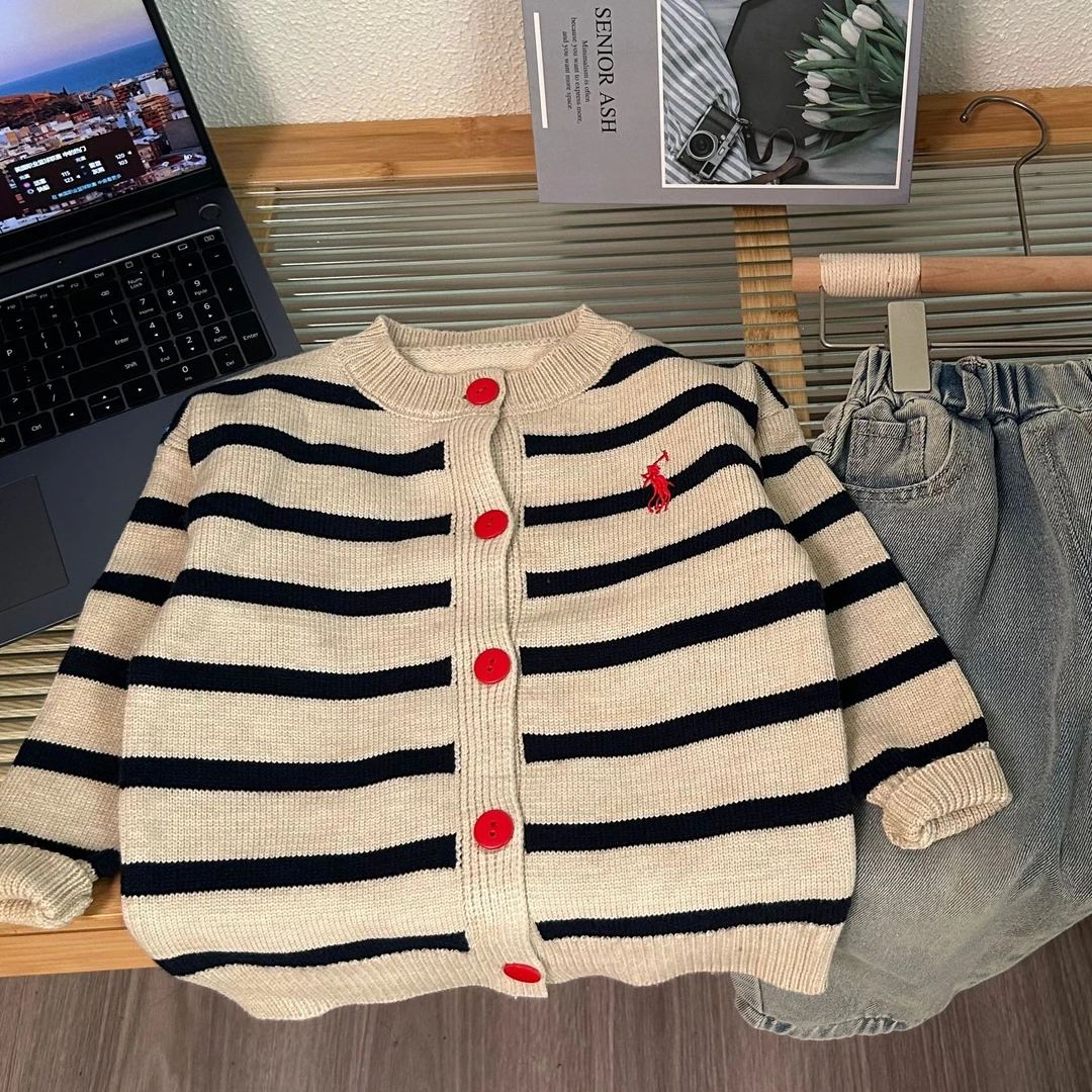 【现货】儿童春秋季薄款条纹刺绣条纹针织开衫毛衣男女童时尚外套