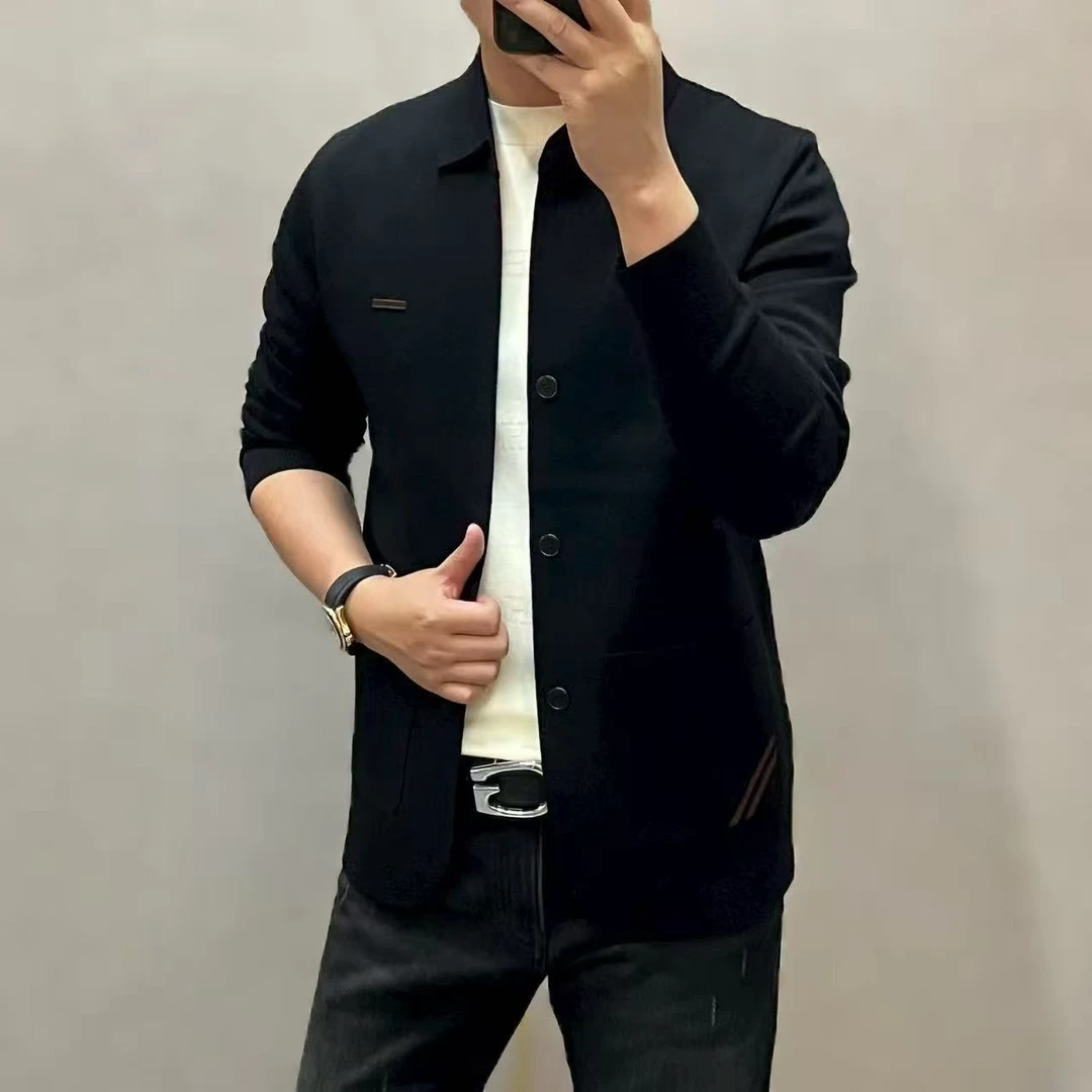 新款高端男士百搭时尚针织翻领纯色针织开衫