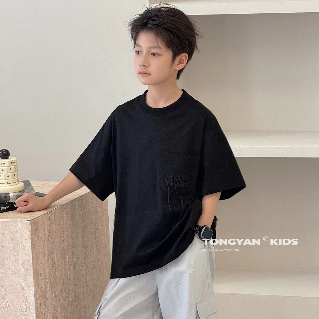 男童T恤2025夏季新款中大童短袖百搭宽松简约纯色儿童上衣TY70950