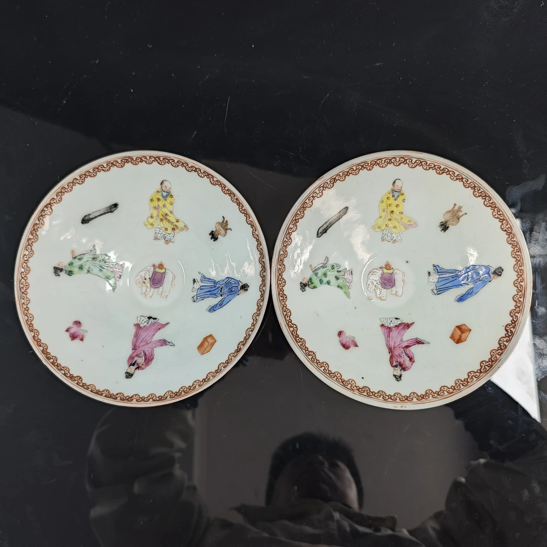 清 咸丰 矾红太平有象斗笠碗一对瓷器W-2592