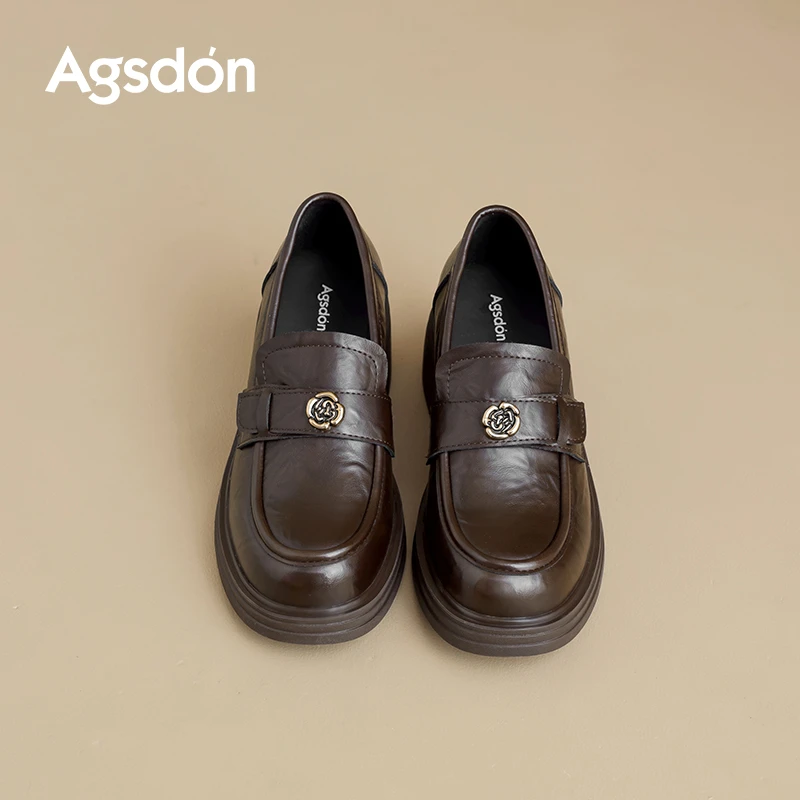 奥古狮登棕色乐福鞋女2025秋季英伦风小皮鞋山茶花厚底增高单鞋xx