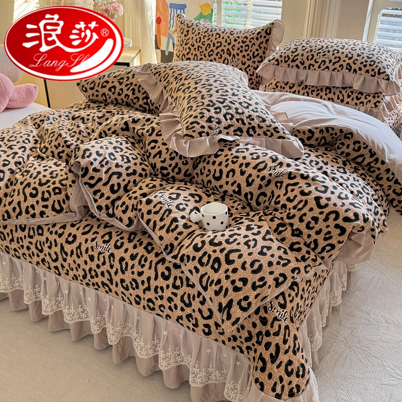 【浪莎品牌】床盖四件套四季通用榻榻米不移位带裙边床单三件套单件