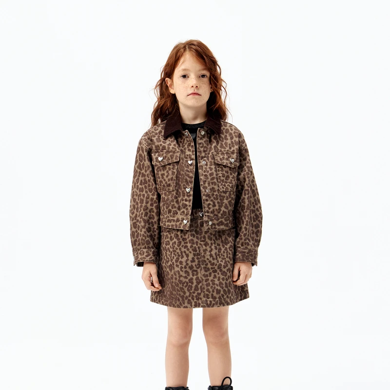 littlemoco童装25秋装新款女童豹纹短款夹克牛仔外套#KBE3JKT028