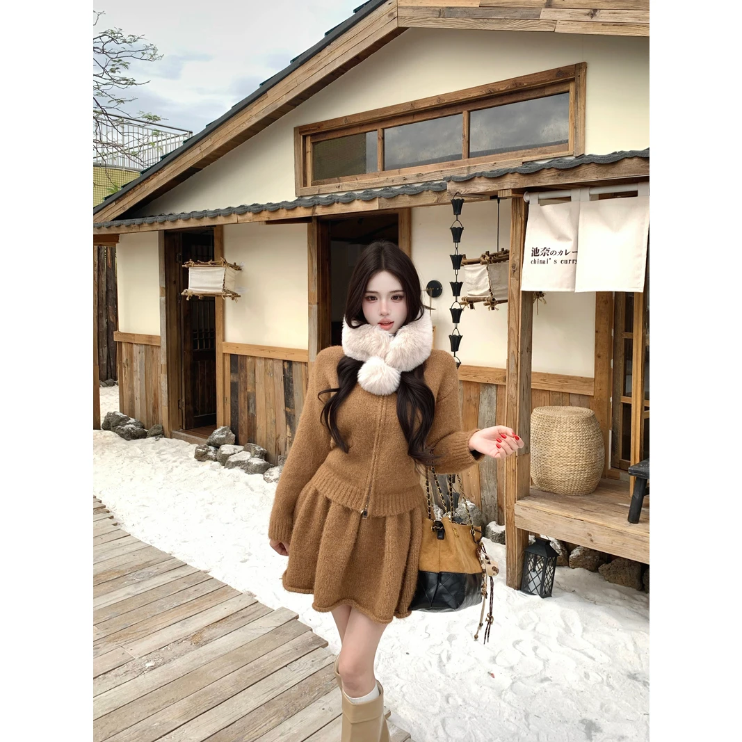 软糯慵懒辣妹套装女秋冬2025新款毛衣开衫外套高腰半身裙两件套潮