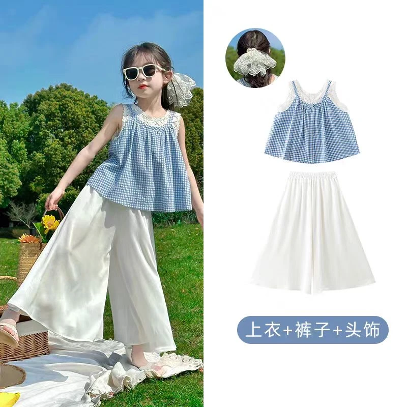 夏季女童洋气百搭格子时尚外穿无袖套装