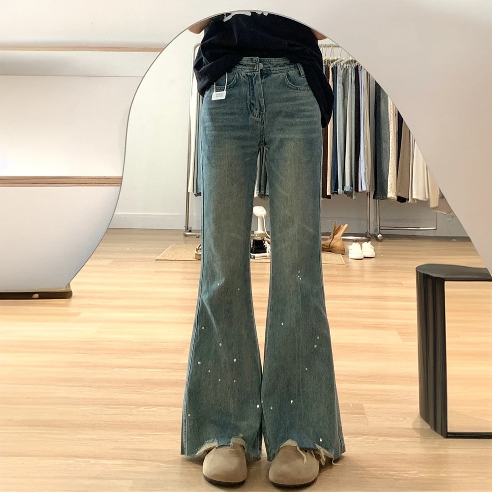 水洗蓝烫钻微喇牛仔裤女夏季宽松毛边显瘦阔腿微喇拖地长裤子
