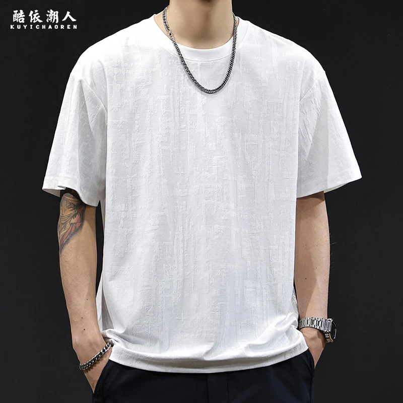 简约提花白色短袖t恤男士夏季2025新款宽松潮牌大码高端衣服体恤