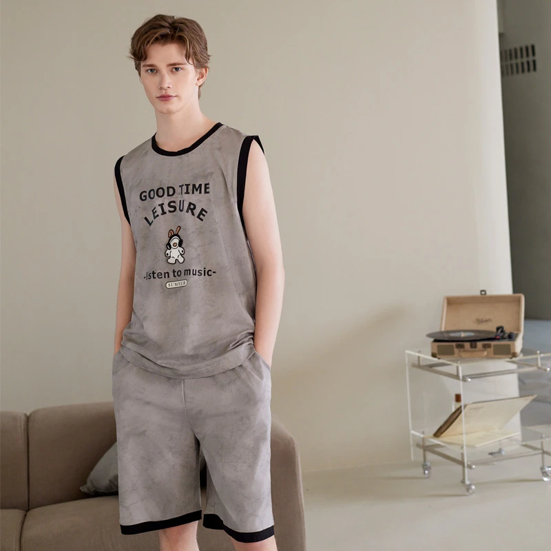 芬腾睡衣男夏季短袖背心套装青年薄款透气休闲大码全棉家居服