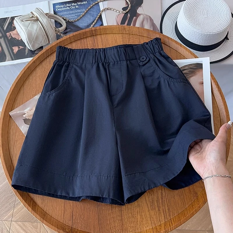 藏青色高腰短裤女2025年夏日薄款花苞直筒裤显瘦百搭休闲阔腿热裤