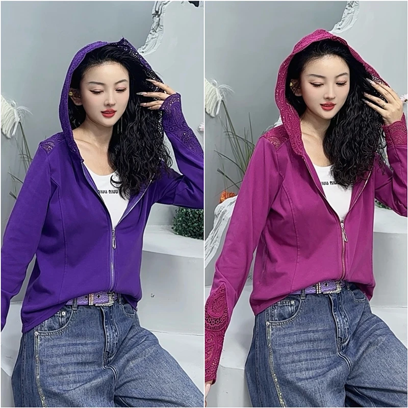 春季2025新款蕾丝时尚连帽T恤女高级感长袖百搭拉链洋气上衣-7002