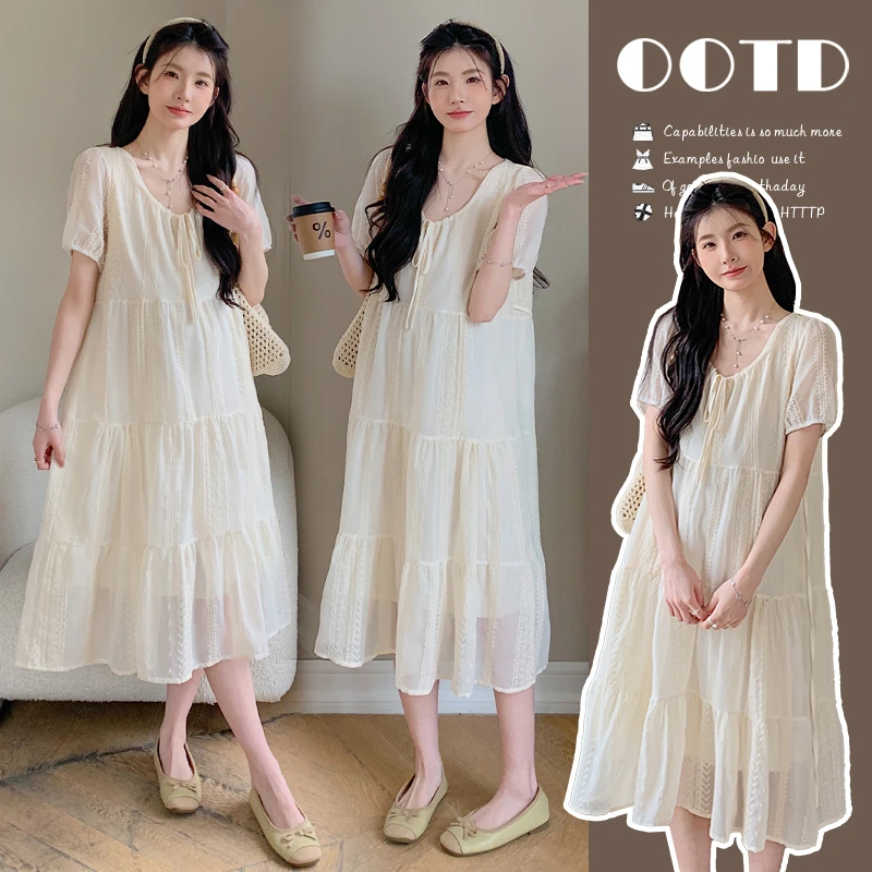 孕妇短袖2025夏季新款蕾丝提花长袖中长款气质短袖孕妇连衣裙