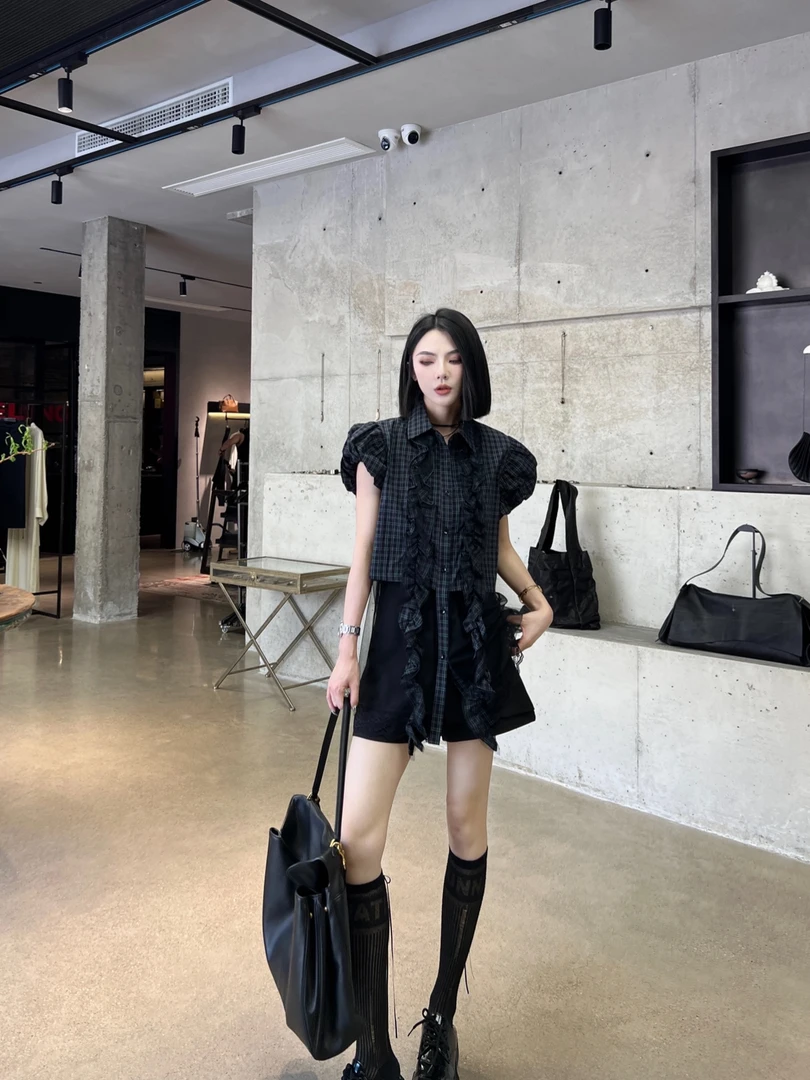 CZ【罗马假日】夏季个性蓝格子与网纱拼接衬衫时尚透气气质上衣