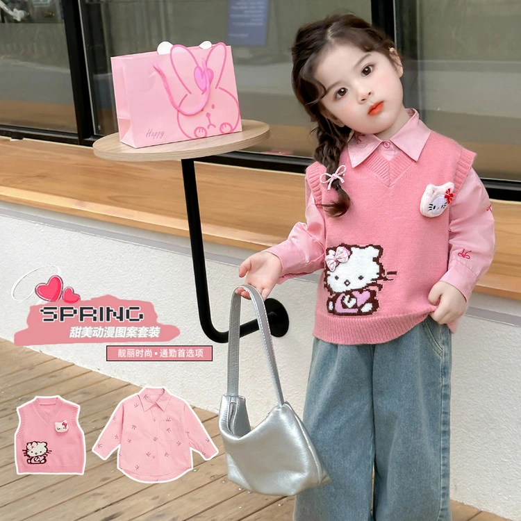 女童衬衫马甲两件套2025新款宝宝儿童上衣韩版洋气甜美粉色长衬衣