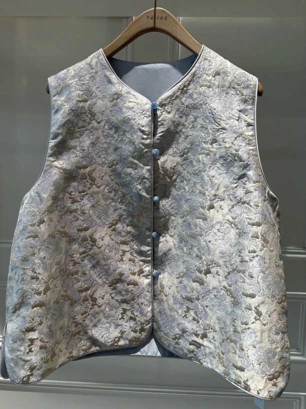 2025豆豆精选2825 时尚休闲百搭女士国风中式提花立领气质马甲