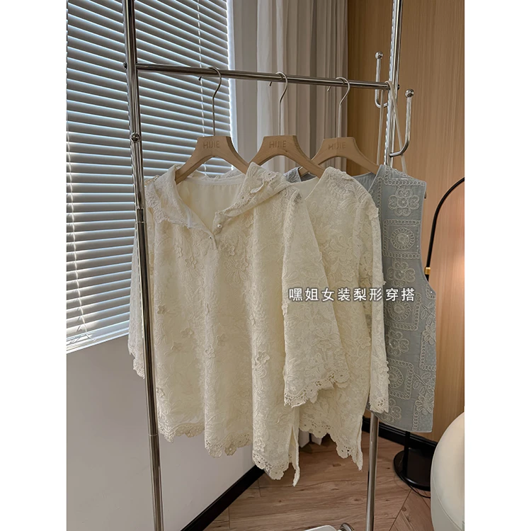 【巴黎街头】法式重工立体提花圆领蕾丝宽松百搭显瘦镂空上衣小衫