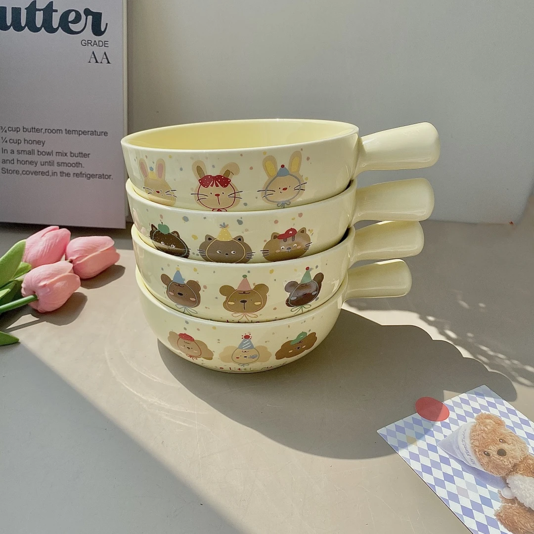 ins可爱动物奶油手柄碗少女餐具陶瓷釉下彩家用高颜值泡面碗餐具