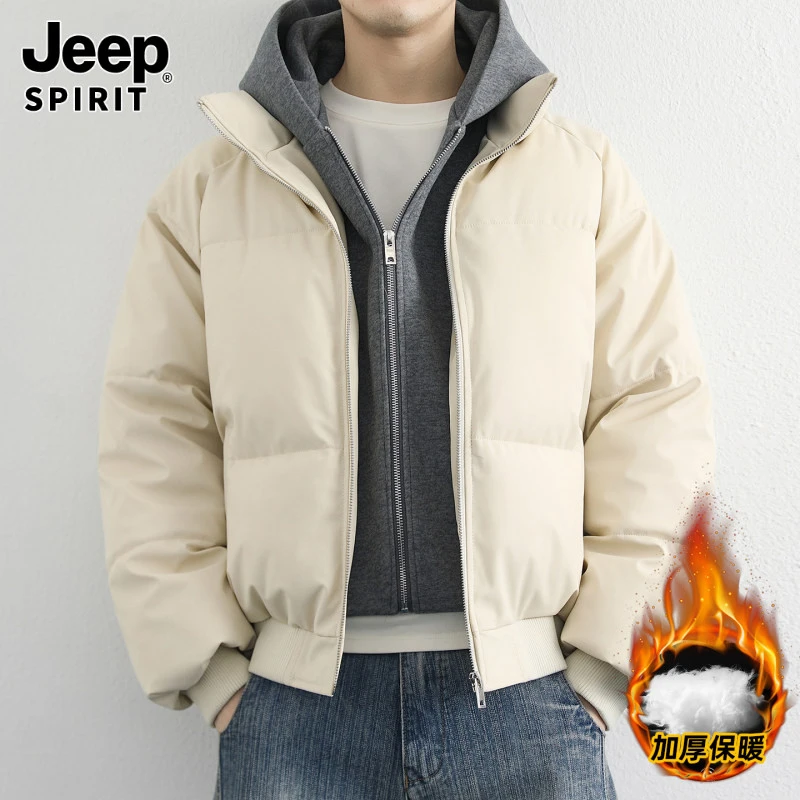 Jeepspirit吉普秋冬青少年加厚PU棉衣男港风假两件棉服男士外套