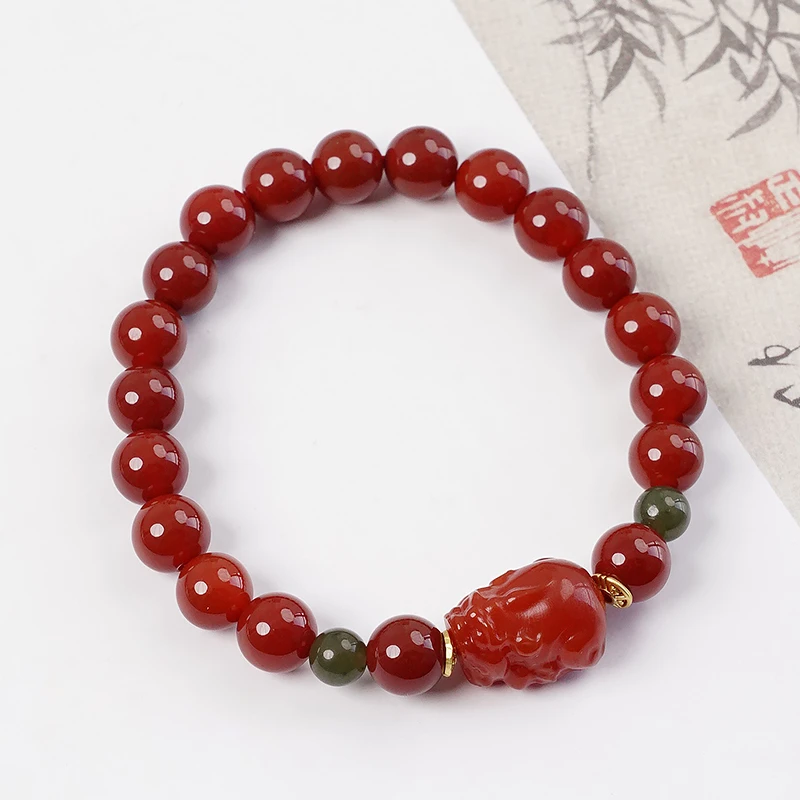 本命年天然红玛瑙手链单圈貔貅红色国风手串和田玉古时尚-8925