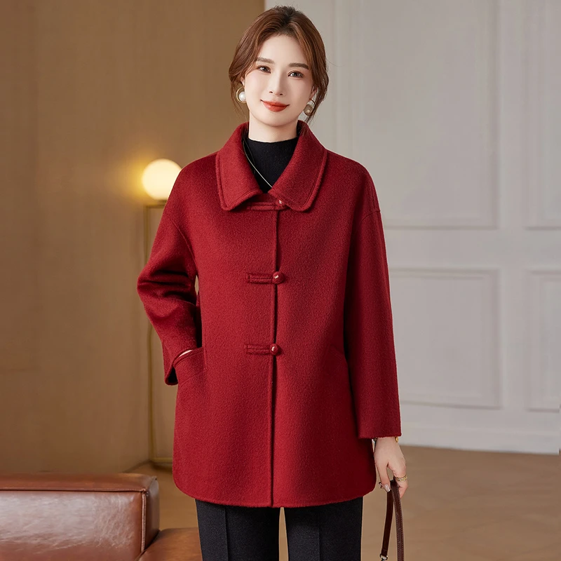 中老年妈妈双面100纯羊毛大衣女中长款秋冬新款气质显瘦毛呢外套