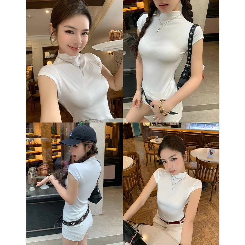 韩一禾 半高领短袖t恤女韩系内搭2025新款莫代尔打底夏季修身上衣