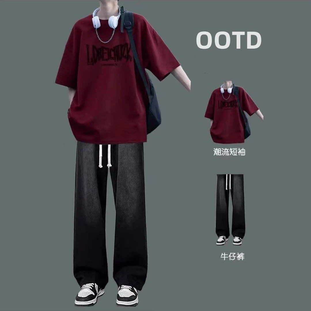 美式潮牌酒红色纯棉短袖t恤男士套装夏季宽松休闲ins潮流半袖体恤