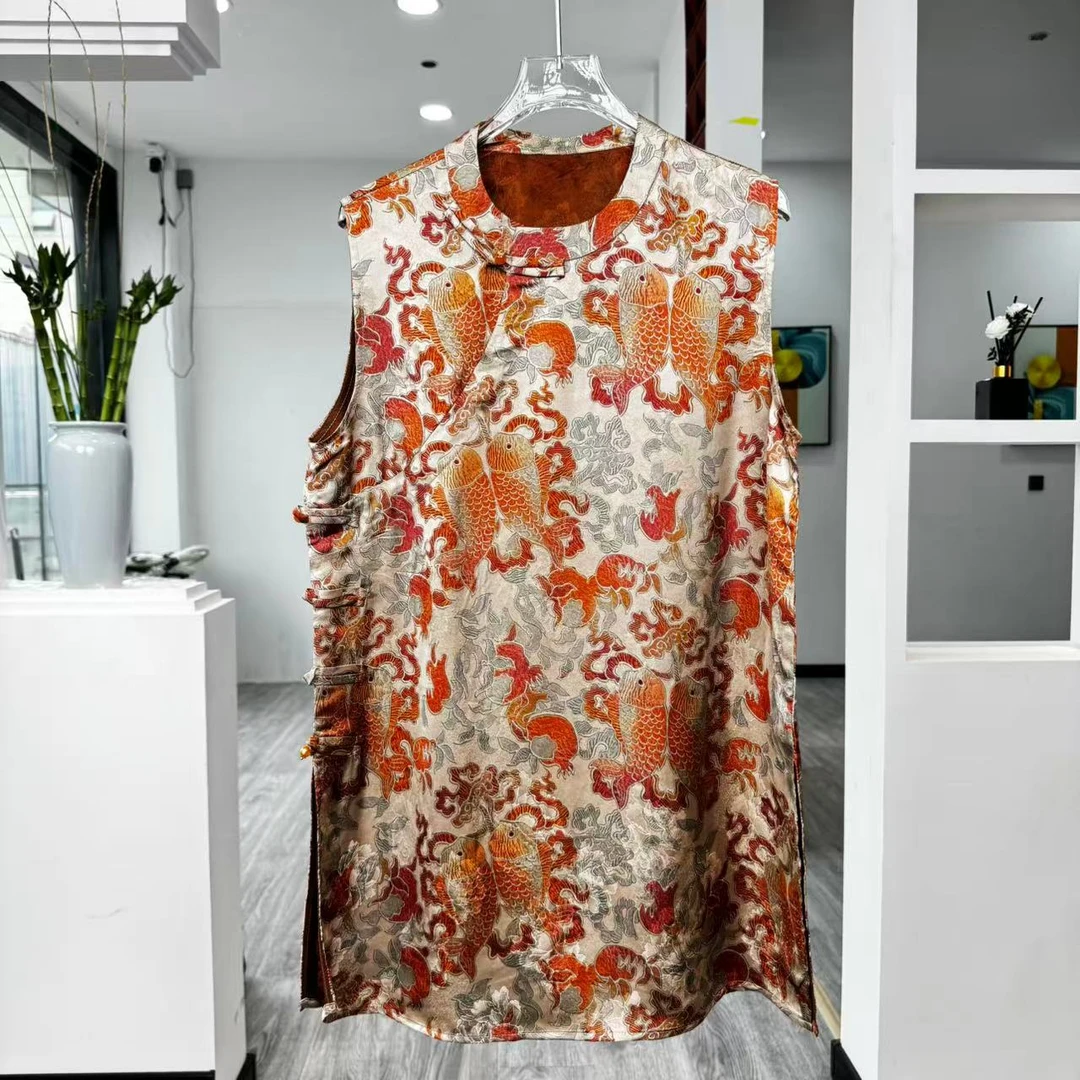 056新中式锦鲤奥黛国风提花香云纱无袖盘扣上衣