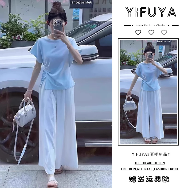 套装夏女2025新款设计感小众多巴胺蓝色圆领短袖T恤阔腿裤两件套