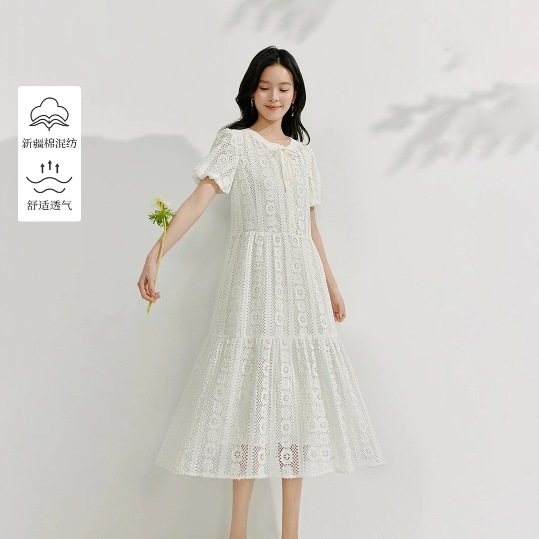 【绿子专属】茵曼法式镂空蕾丝度假风拼接长裙子18525872