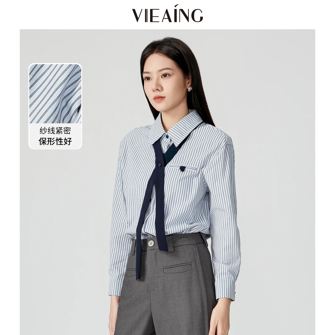 VIEA.ING薇迎条纹衬衫女2025秋季新款休闲长袖小衫配领带蓝色上衣