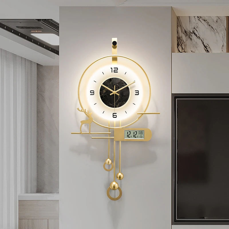 2025新款电视背景墙木格栅装饰万年历钟表挂钟高级感日历时钟挂墙