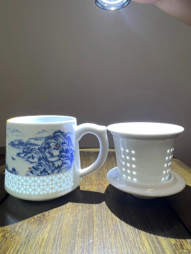 景德镇青花玲珑釉里红山水过滤办公杯茶杯花纹陶瓷杯蓝色白瓷茶具